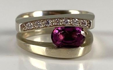 14K Gold Sterling Silver Amethyst and Diamond Ring