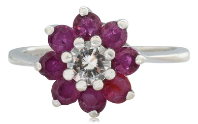 14K WHITE GOLD, DIAMOND AND RUBY HALO RING