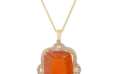 14K Yellow Gold Setting with 47.93ct Fire Opal and 1.87ct Diamond Pendant