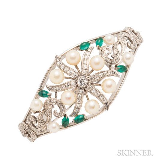 14kt White Gold, Emerald, Cultured Pearl, and Diamond Bracelet