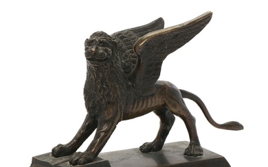 A bronze Grand Tour Souvenir depicting the symbol from Saint Mark in shape of winged lion with bible. C. 1900. L. 25 cm. H. 16 cm.
