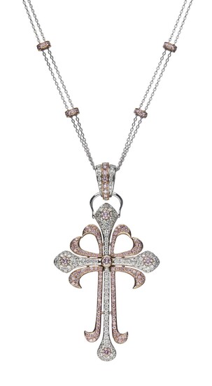 18CT WHITE AND PINK GOLD, ARGYLE FANCY PINK DIAMOND AND DIAMOND RUSSIAN ORTHODOX CROSS PENDANT NECKLACE