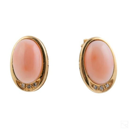 18K Gold Italian Angel Pink Coral Diamond Earrings