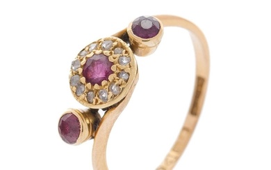 18ct yellow gold ring, Art Deco style, set rubies and diamon...