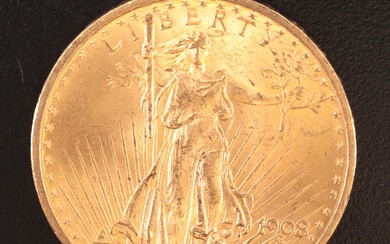 1908 "No Motto" Saint Gaudens $20 Gold Coin