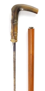 19th century horn handled Malacca riding crop sword stick, w...