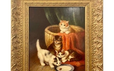 19th/20th Century Oil Painting of Kittens in a Basket at Feeding Time