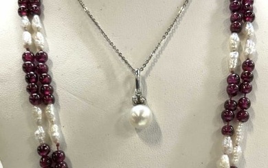 2-18K Gold Pearl Necklace, JKa Garnet & Pearl Neck