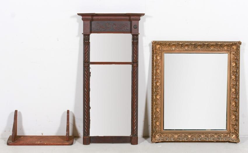 (2) Decorative hanging mirrors, Pine shelf