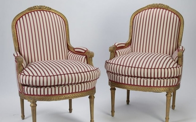 (2) French Louis XVI style bergeres in silk