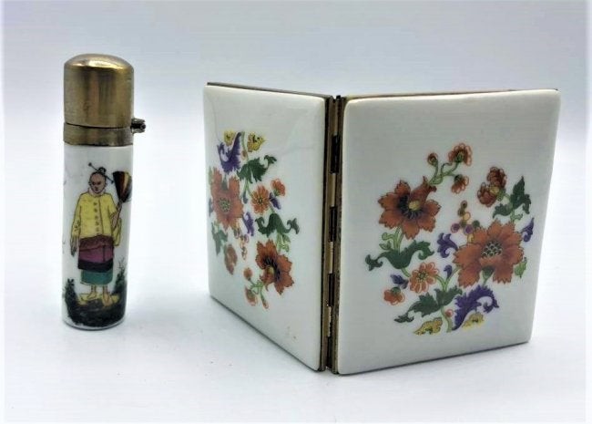 2 Pc. Asian Porcelain Snuff Bottle & Bi-Fold Pictures