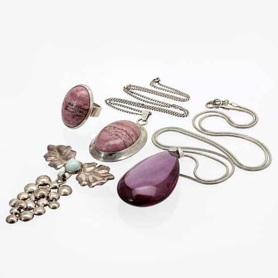 2 pendants with chains, 1 brooch, 1 ring, silver, rodochrosite, aventurine, metall, lilac drop probably glass, 4 pieces