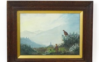 20th century, Oil on canvas, Red Grouse in a Highland landscape. Approx. 9 1/4" x 13 1/4" Please