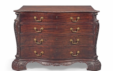 A GEORGE III MAHOGANY SERPENTINE COMMODE, ATTRIBUTED TO WILLIAM GOMM, CIRCA 1765
