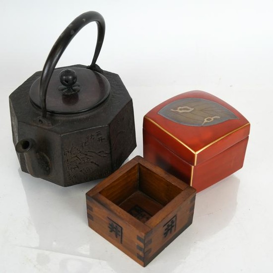 3 Japanese Items: 2 Boxes, Iron Teapot