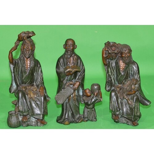 3 x Oriental Earthenware Figures of seated gentleman holding...