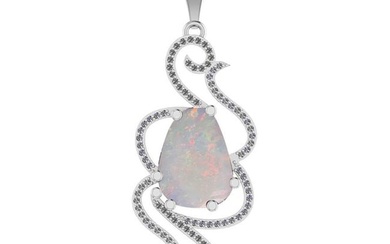 3.97 Ctw SI2/I1 Opal and Diamond 14K White Gold Pendant Necklace
