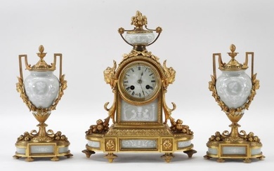 3PC Pate Sur Pate Japy Freres Mantle Clock & Urns