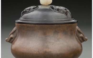 78084: A Chinese Bronze Covered Censer with Jade Finial