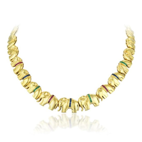 An Elephant Multi-Colored Stone Diamond Necklace