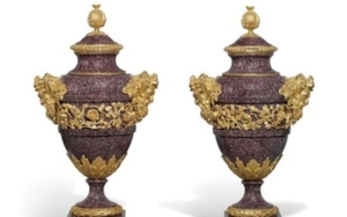 A PAIR OF FRENCH ORMOLU-MOUNTED PORPHYRY VASES AND COVERS, IN THE LOUIS XVI STYLE, BY MAISON MILLET, PARIS, LAST QUARTER 19TH CENTURY