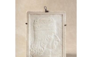 An Italian relief sculpted rectangular marble profile portrait of Arcarino Foresto d’Este, in Renaissance style
