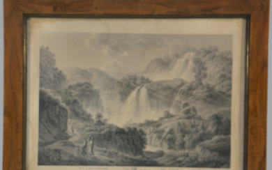 Wilhelm Friederich Gmelin ( Badenweiler 1760 - Roma 1820 ) , “Les cascatelles de Tivoli”, 1791, incisione incollata du tela (cm 49,5x64), in cornice (difetti). Evento ETRO "Dandy Detour".