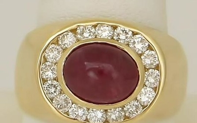 MENS 14k YELLOW GOLD HIGH POLISHED OVAL CABOCHON RUBY