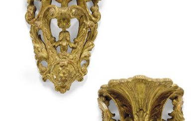 A PAIR OF ROCOCO GILTWOOD BRACKETS, ONE LOUIS XV, MID-18TH CENTURY, THE OTHER POSSIBLY LATER