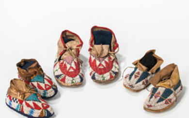 Three Pairs of Children's Beaded Hide Moccasins