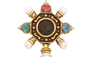 Gold, Bronze Coin, Cabochon Gem-Set, Cultured Pearl and Diamond Clip-Brooch