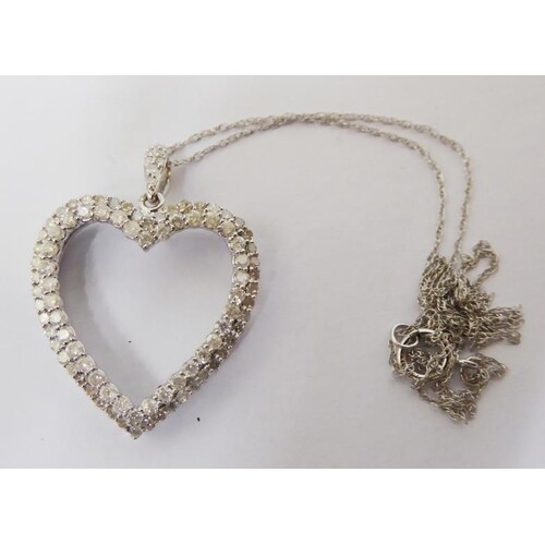 9ct White Gold Heart Shaped Diamond Encrusted Pendant with 9...