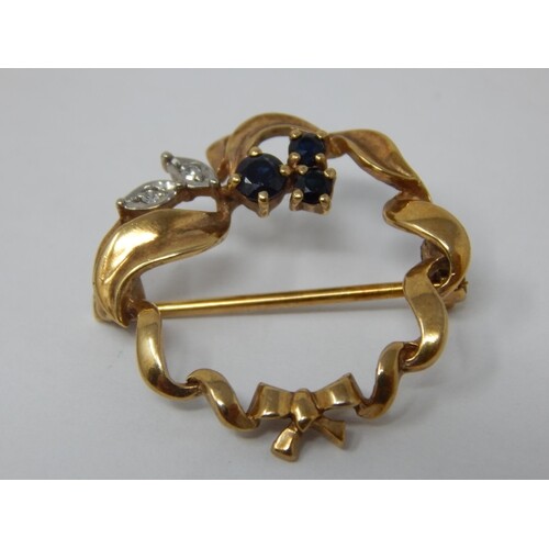 9ct Yellow Gold Diamond & Sapphire Set Brooch: gross weight ...