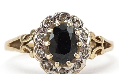 9ct gold sapphire and diamond cluster ring with pierced shou...