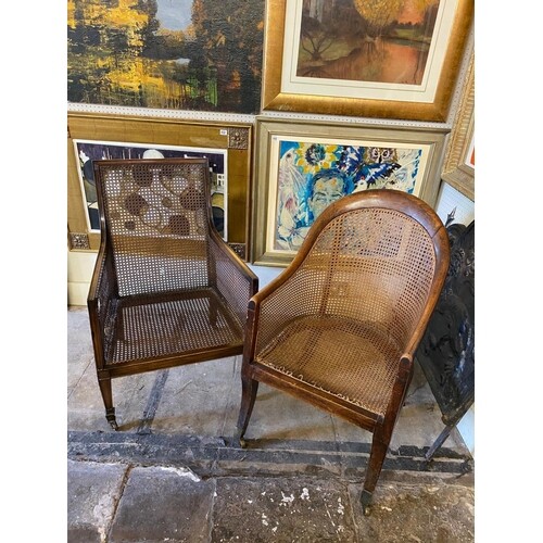 A 19TH CENTURY OAK BERGERE LIBARY CHAIR With cane seat and ...