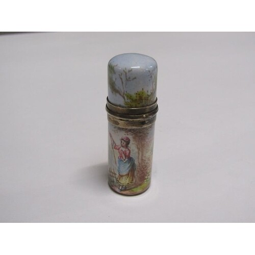 A 19c enamel scent bottle with hinge cover and stopper, deco...