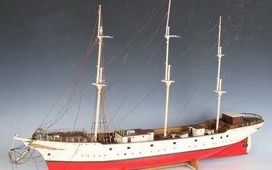 A 20th century wooden scale model of a three-masted ship, detailed 'Danmark', length 88cm.