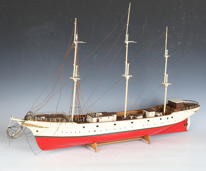 A 20th century wooden scale model of a three-masted ship, detailed 'Danmark', length 88cm.