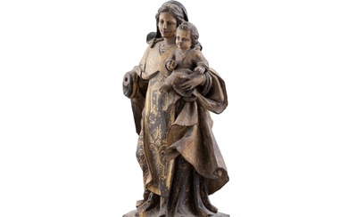 A CARVED WOOD MODEL OF THE MADONNA AND CHILD, 16TH/17TH CENT...