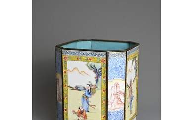 A CHINESE PAINTED ENAMEL ON COPPER BRUSH POT, REPUBLIC PERIO...