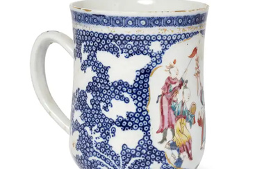 A Chinese famille rose, blue and white and gilt export tankard, Qing...