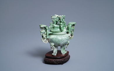 A Chinese jadeite censer and cover on wooden...
