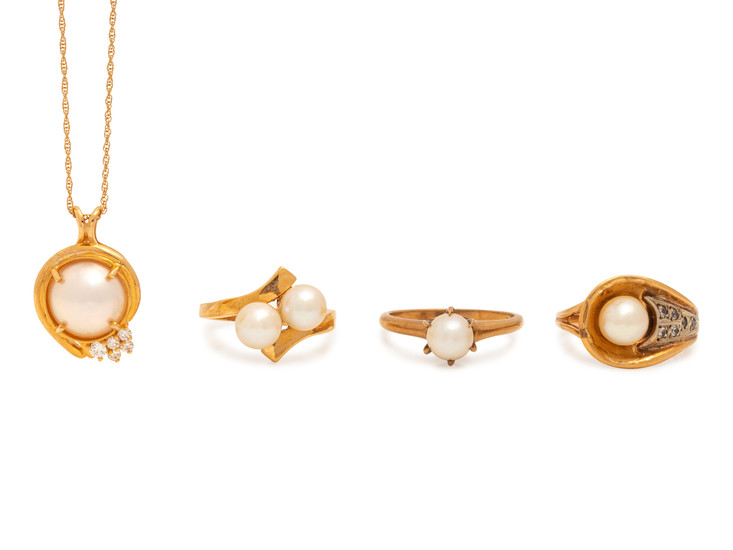 A Collection of Yellow Gold and Cultured Pearl Jewelry