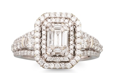A DIAMOND CLUSTER RING, set with baguette and brilliant cut ...