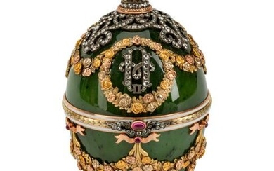A Diamond and Gold-Mounted Enamel and Jadeite Egg