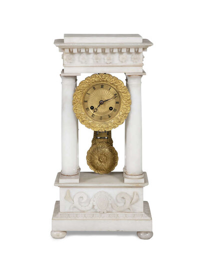 A FRENCH ALABASTER AND GILTMETAL MANTLE CLOCK, late...
