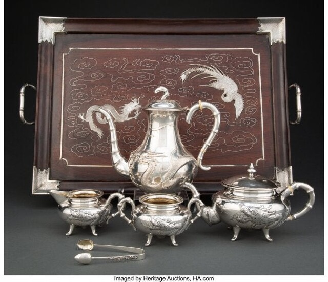 A Five-Piece Chinese Export Silver Tea Set with