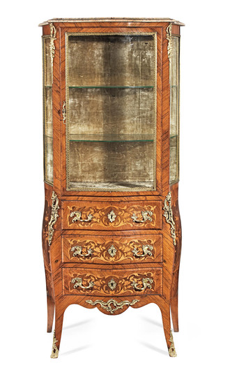A French late 19th century gilt bronze mounted rosewood, amaranth and marquetry serpentine vitrine