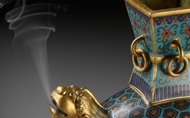 A GILT-BRONZE AND CLOISONNÉ ENAMEL ‘BIXI AND GU’ CENSER, EARLY TO MID-QING DYNASTY