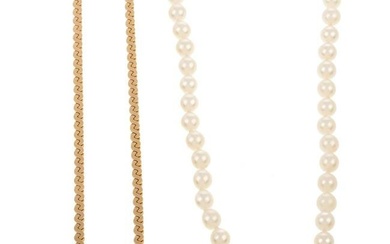 A Gold Serpentine Necklace & Pearl Strand in 14K